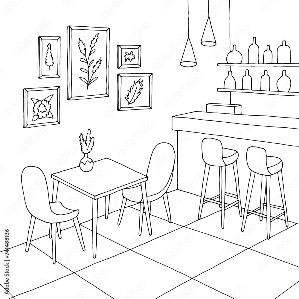 Cafe bar graphic black white interior sketch illustration vector Cafe bar graphic black white interior sketch illustration vector