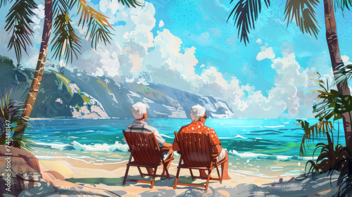 Beautiful happy elderly couple rest at tropical resort,back view.