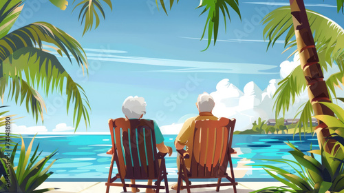 Beautiful happy elderly couple rest at tropical resort,back view. © Santy Hong