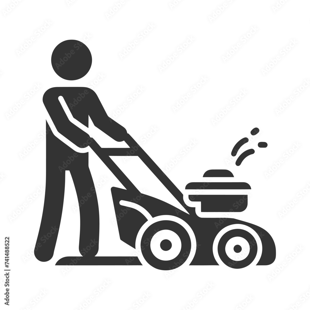 A man is mowing the lawn using a lawn mower on a plain white background. The man is focused on the task, pushing the mower back and forth to trim the grass.