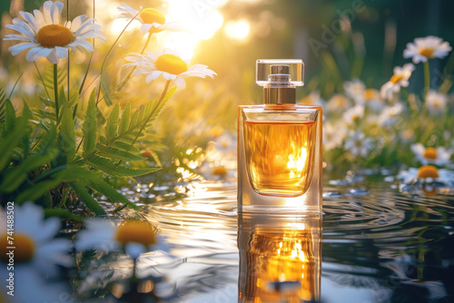 Elegant Perfume Bottle Amidst Blossoms. A luxe perfume bottle basks in soft sunlight, nestled among vibrant wildflowers.
