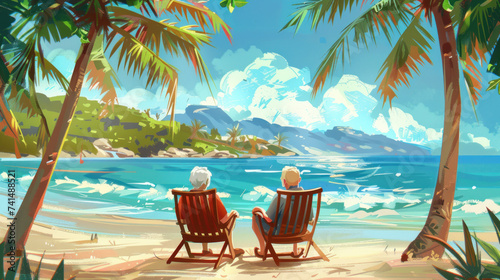 Beautiful happy elderly couple rest at tropical resort,back view.