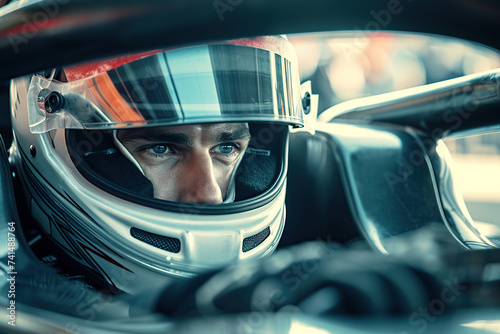 Racer wearing helmet and uniform sitting in race car and ready for race photo