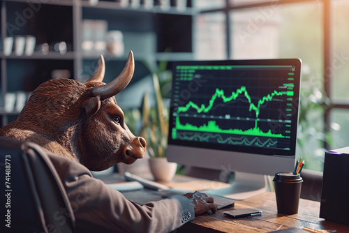 Big bull sitting near computer screen with green stock market. Bull market