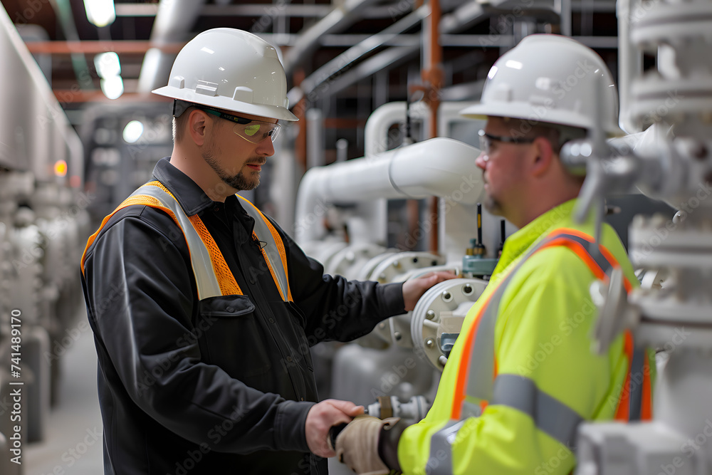 Obraz premium men, engineers in helmets and vests at production, gas pipes, gas pipeline