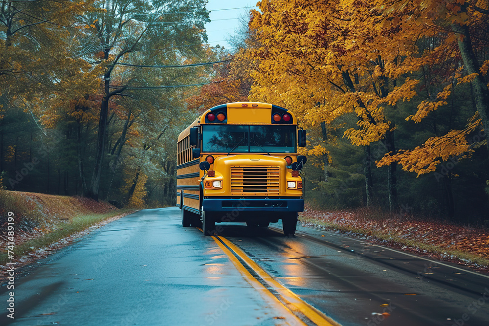 Obraz premium Yellow school bus on serene road