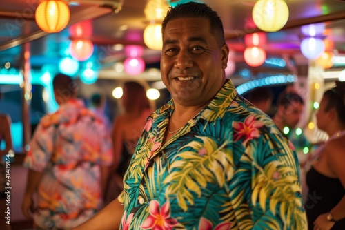 man in hawaiian shirt at tropicalthemed cruise party
