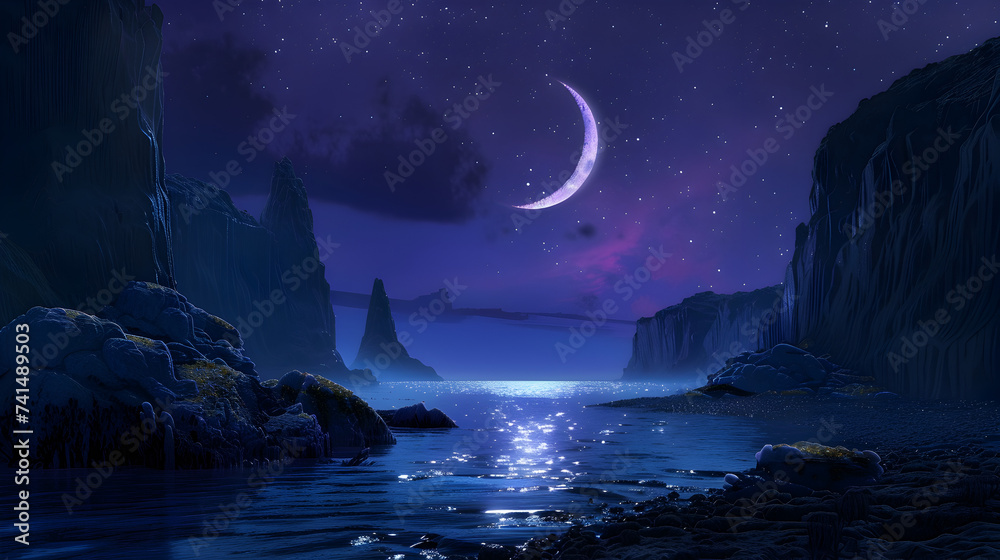 Starry night scene with a crescent moon providing 00691 00 ,
Moon in sky at night background asset game 2D futuristic