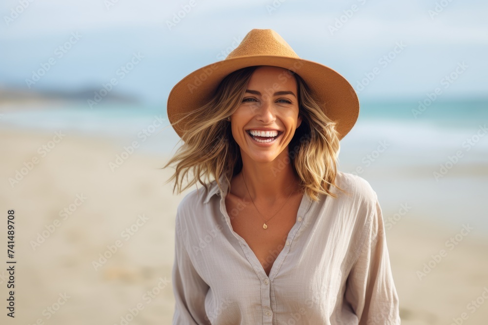 Portrait of happy young woman in hat on the beach at summer