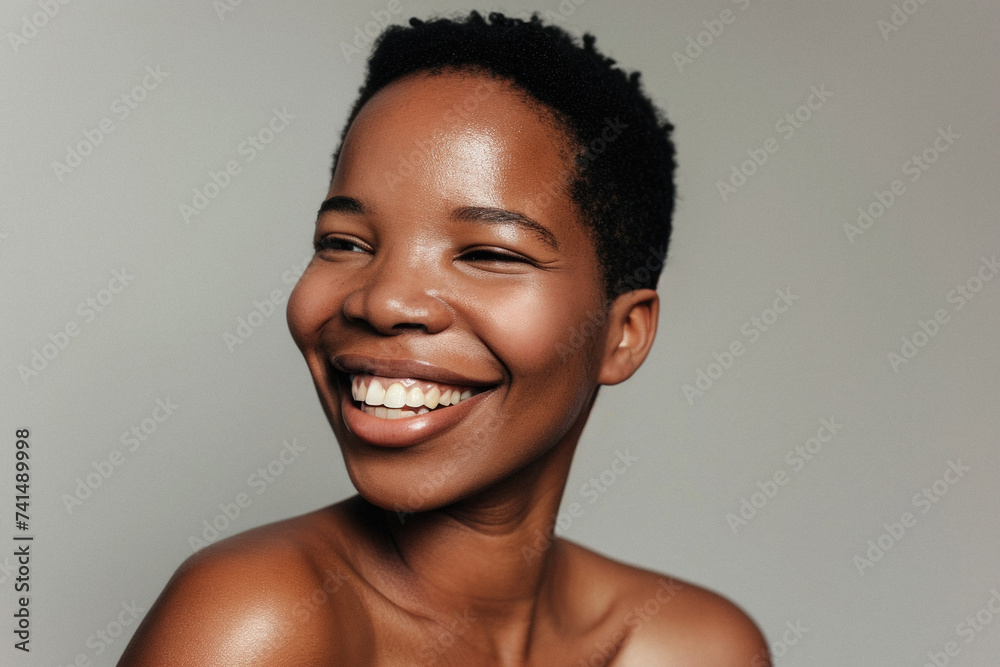 Young adult African American woman posing for beauty portrait. Pretty smiling happy Black girl model pampering smiling on background advertising healthy skin care cosmetics. Face skincare concept .