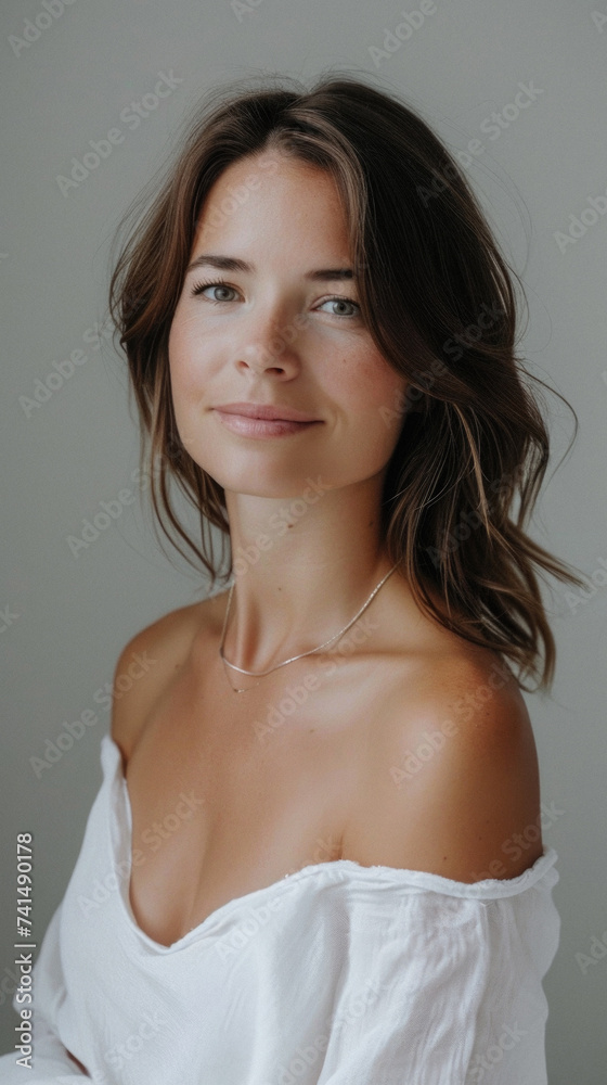 Happy attractive confident young adult or mid aged European woman posing for beauty aesthetic portrait. Beautiful lady smiling on background, attractive female model looking at camera. Close up face . Happy attractive confident young adult or mid aged European woman posing for beauty aesthetic portrait. Beautiful lady smiling on background, attractive female model looking at camera. Close up face .