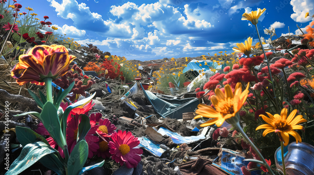 A bright and uplifting perspective of a landfill, showcasing the resilience of nature as vibrant flowers grow amidst discarded items