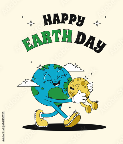 Earth hugs the Moon. Trendy groovy style poster for Earth day. Vector illustration