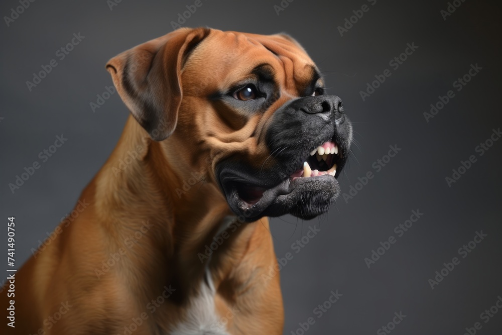boxer dog with wrinkled muzzle showing teeth, on guard