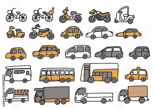 自転車、バイク、乗用車、など色々な乗り物のイラストセット