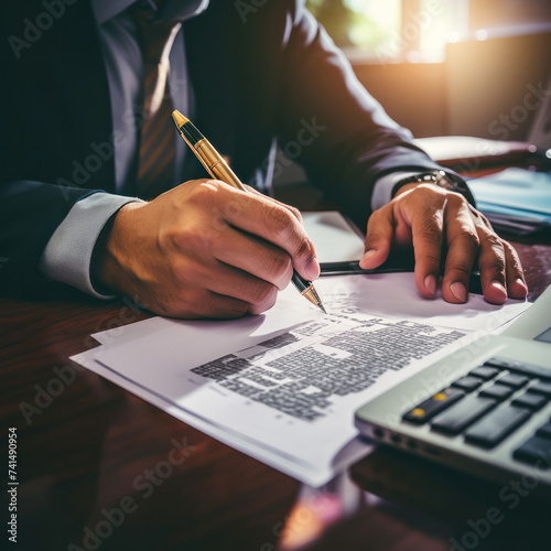 Hands signing documents with financial statements and stacks of money on the desk. Professional Financial Planning and Analysis. Close-up of a professional signing documents, with calculator and coins