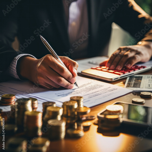 Hands signing documents with financial statements and stacks of money on the desk. Professional Financial Planning and Analysis. Close-up of a professional signing documents, with calculator and coins