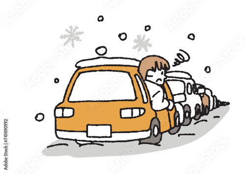 雪で長い渋滞が起きている道路　大雪の被害に遭わないためのイラスト