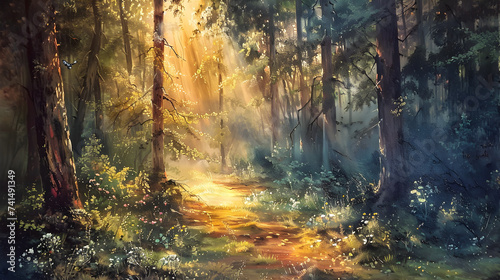 Beautiful magical forest fabulous trees forest landscape sun rays illuminate the leaves, Painting of a path in a forest with a path leading through it © Imran