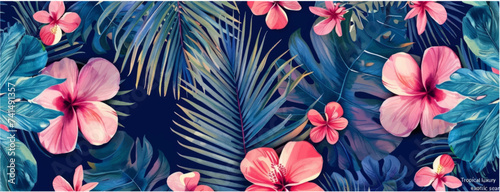 Tropical flowers, plants, leaves and macaw. Vector illustration of exotic pattern, Hawaiian flowers for background, wallpaper or poster