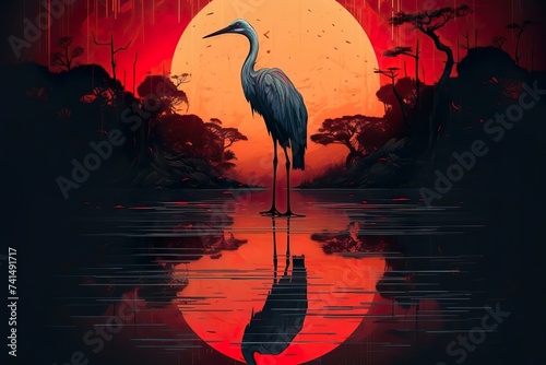 A bird silhouette standing against sunset Flamingo in the Sunset Silhouette - 