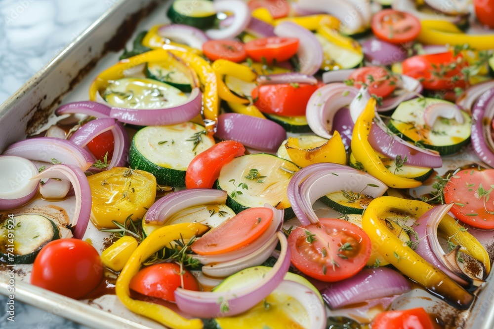 placing marinated vegetables on a sheet pan placing marinated vegetables on a sheet pan