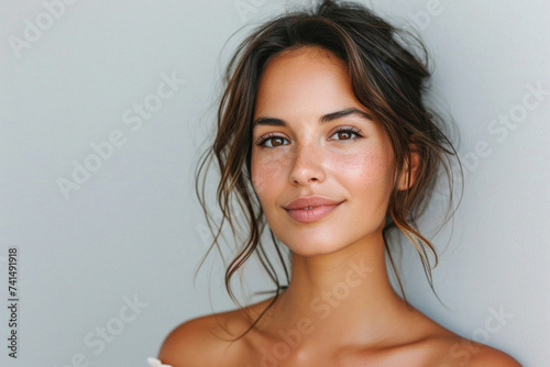 Beauty portrait of happy attractive young woman with glowing healthy radiant pure skin and beautiful hair. Pretty european girl model smiling on background advertising skin care cosmetic. Closeup face