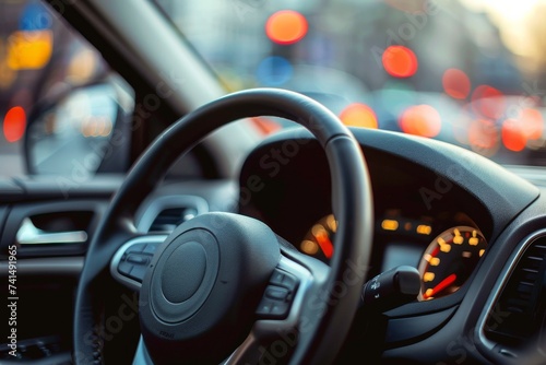 The sleek steering wheel and dashboard of the car reflected the excitement of driving, with its speedometer and tachometer gauges ready to measure the thrill of the open road