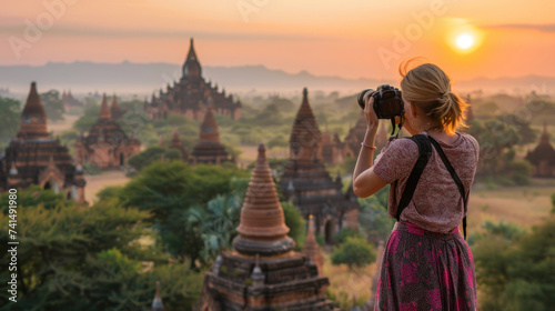 female traveler photographing temples at Bagan Myanmar Asia at sunrise.