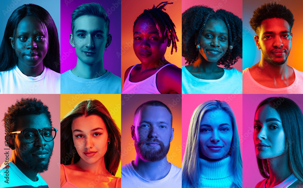 Collage made of portraits of male and female models different races looking at camera against multicolored background in neon light. Concept of human emotions, self-expression, facial expression. Ad