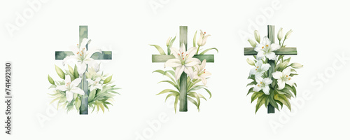 Christian cross and lily flowers watercolor. Vector illustration. photo