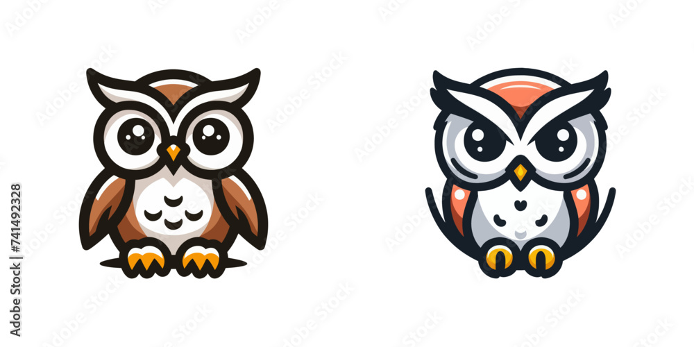Two Owls Sitting Together on White Background. Cartoon Vector Icon.