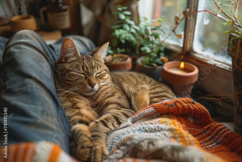 Tabby cat enjoys a restful moment with a human by a sunny window. photo