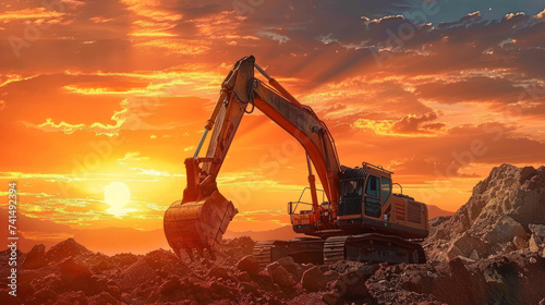 Excavator in construction site on sunset sky background.
