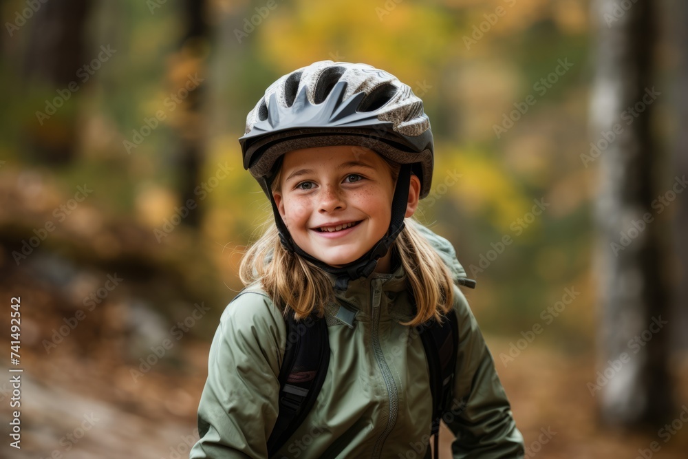Portrait of a smiling girl with a bicycle helmet in the autumn forest Portrait of a smiling girl with a bicycle helmet in the autumn forest