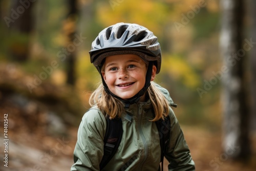 Portrait of a smiling girl with a bicycle helmet in the autumn forest
