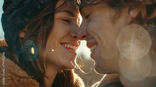 Love, happiness and smile are shared. Couple in nature. Close up.