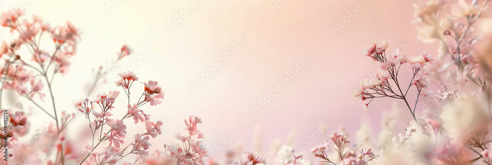 colorful summer flowers on a subtle peach pink background, empty space for text, banner background (6)