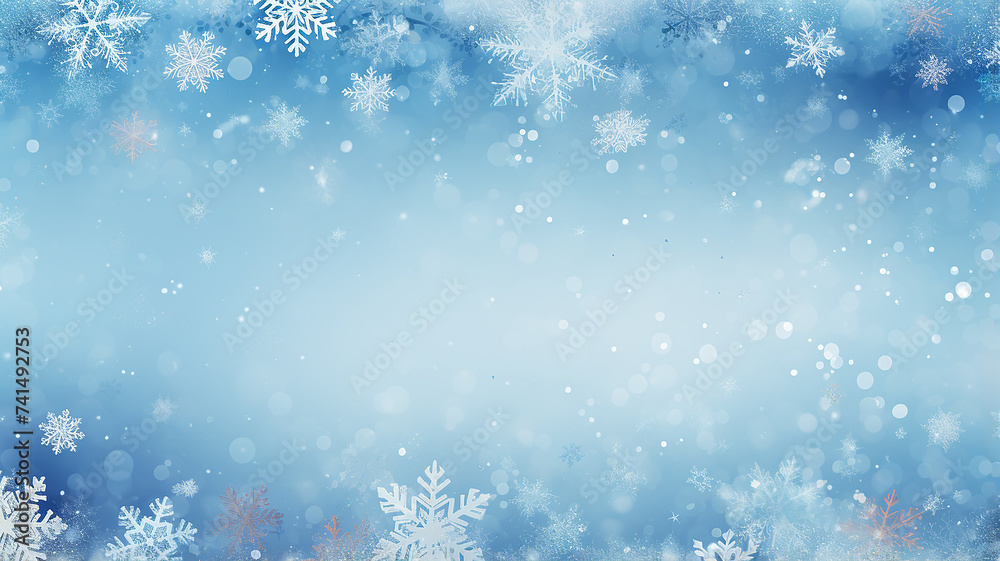 light blue winter background with blurred white snowflakes, watercolor Christmas greeting form, an empty copy space in the cold colors of winter light blue winter background with blurred white snowflakes, watercolor Christmas greeting form, an empty copy space in the cold colors of winter