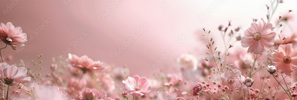 colorful summer flowers on a subtle peach pink background, empty space for text, banner background (8)