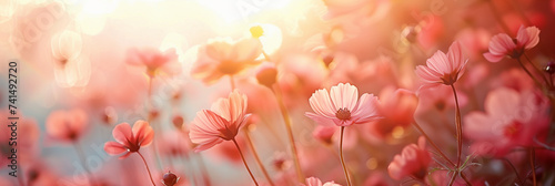 colorful summer flowers on a subtle peach pink background, empty space for text, banner background (3) © Visual Craft
