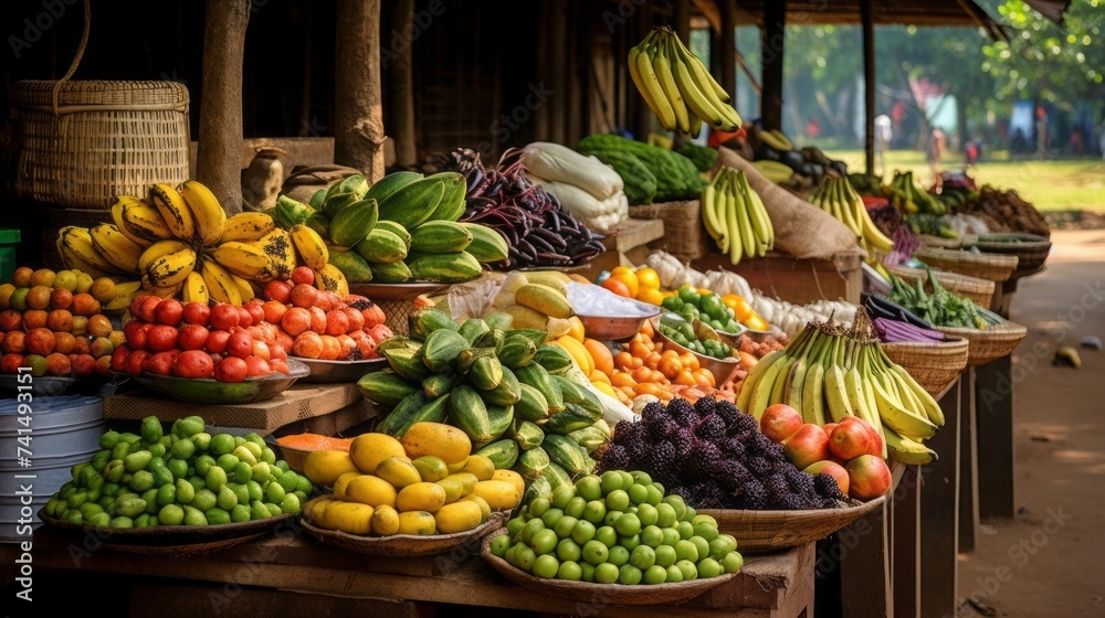 Local farmer's market, fair with fresh vegetables and fruits: Cucumbers, Zucchini, Bananas, Tomatoes, Oranges, Eggplants, Greens. Healthy Food, Vitamins and Fiber, Organic food concepts. - obrazy, fototapety, plakaty 