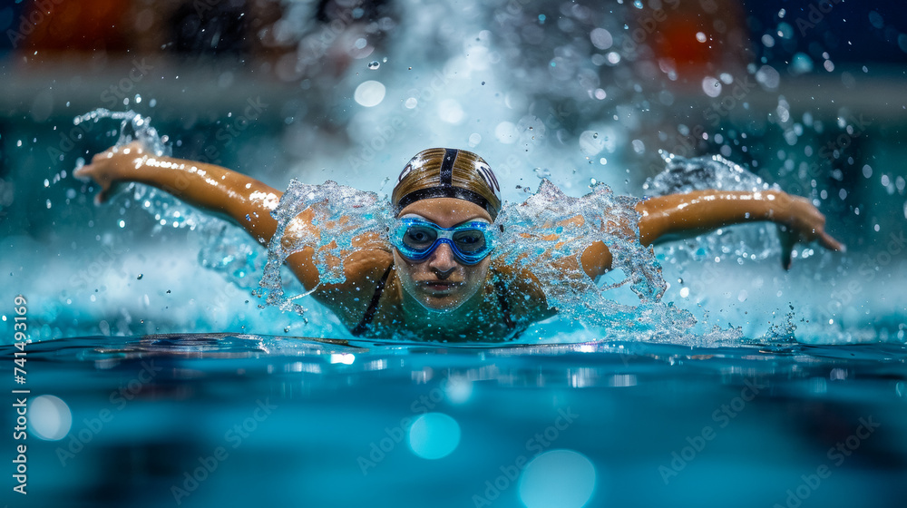 A splash of water freezes mid-air as a swimmer dives into a pool, capturing the dynamic energy and elegance of human movement in aquatic surroundings