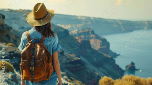 Fototapeta Naklejka Na Ścianę i Meble -  Traveler woman walking on Santorini island, Greece enjoying landscape. Happy hiker with backpack enjoys seaside Caldera view. Tourism.