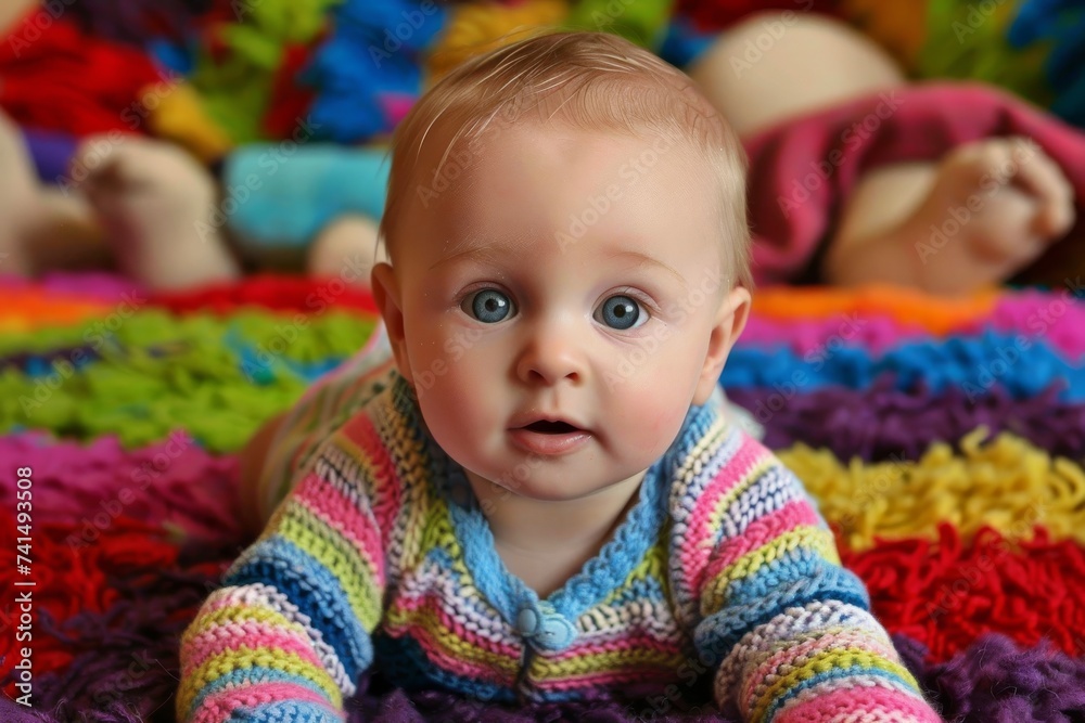 A cherubic toddler boy blissfully rests on a vibrant playmat, dressed in cozy clothing while snuggled up on a soft blanket indoors A cherubic toddler boy blissfully rests on a vibrant playmat, dressed in cozy clothing while snuggled up on a soft blanket indoors