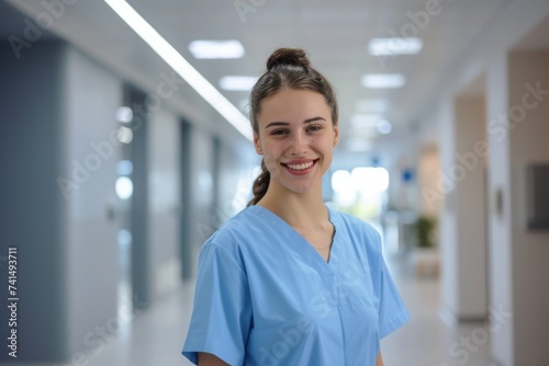 A beaming woman in blue scrubs stands against a wall, her smiling face and comforting attire exuding warmth in the indoor setting as she stands tall with confidence, her robe and shirt adding to her 