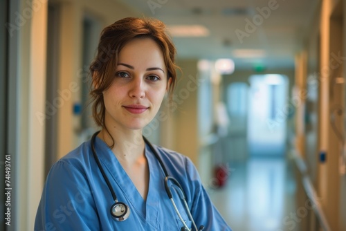 A young lady stands indoors against a blue wall, wearing a warm smile and blue scrubs, radiating a sense of compassion and care as she tends to the human faces around her