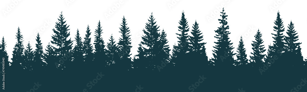 Panoramic pine forest silhouette in blue navy tone