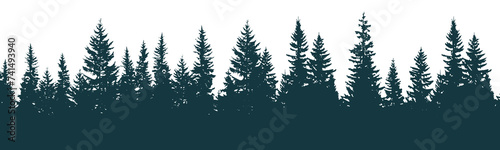 Panoramic pine forest silhouette in blue navy tone