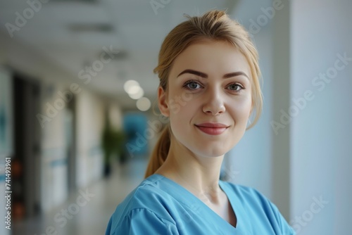 A joyful woman in blue scrubs, with a bright smile and warm brown hair, stands against a wall in her work attire, showcasing her confident posture and friendly demeanor